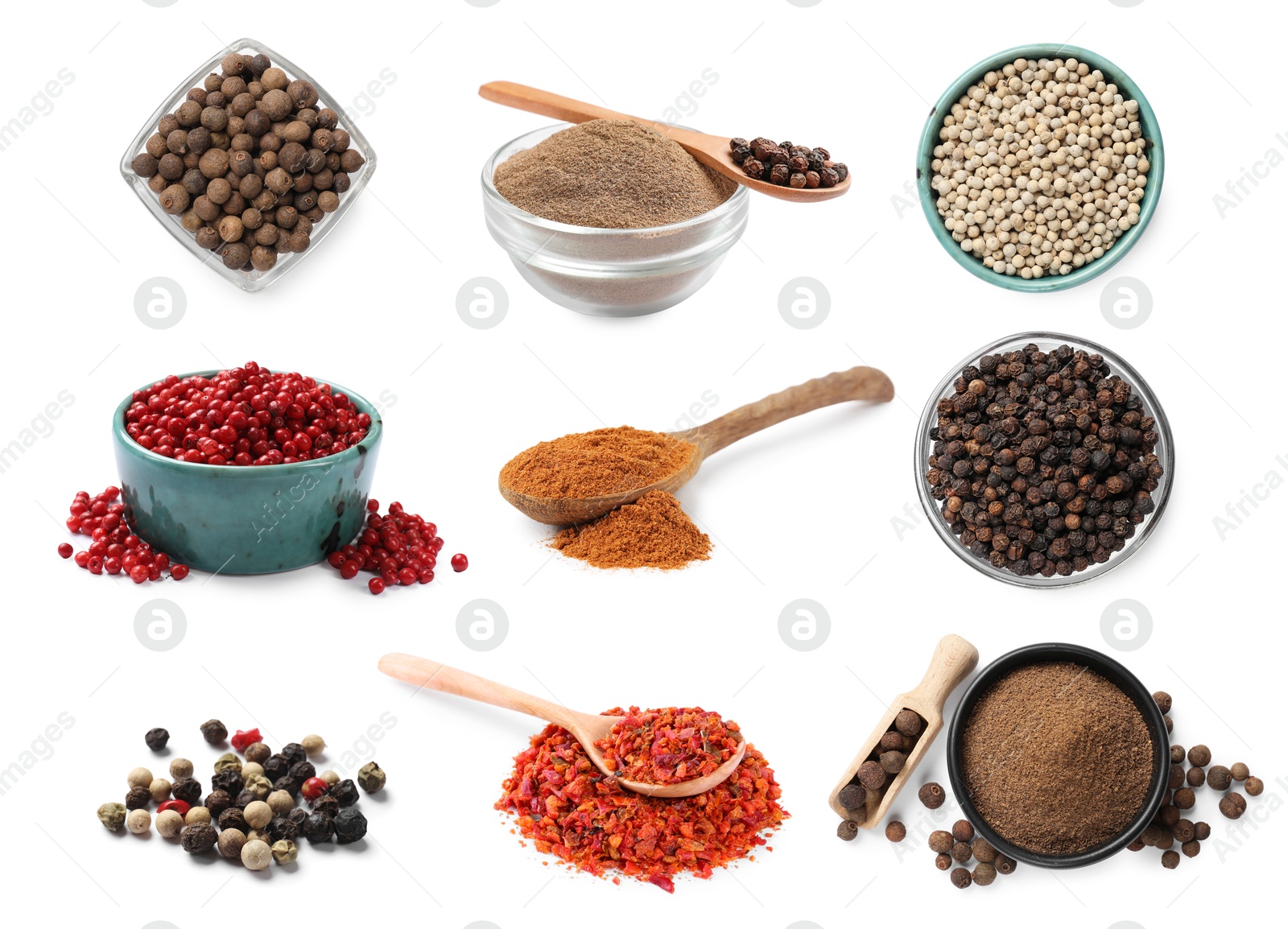 Different types of peppers, set. Spices isolated on white Image of Different types of peppers, set. Spices isolated on white