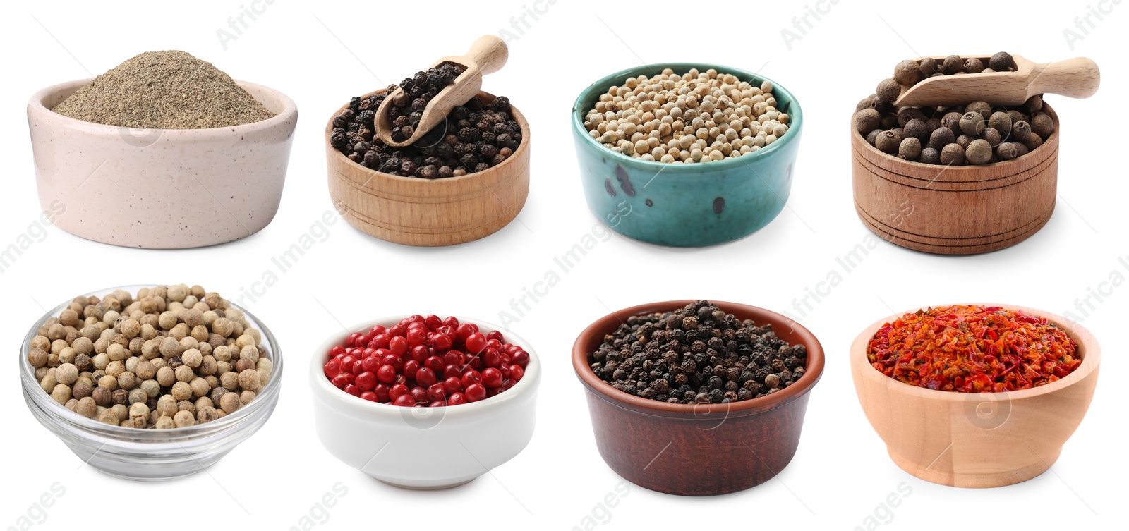 Different types of peppers, set. Spices isolated on white Image of Different types of peppers, set. Spices isolated on white