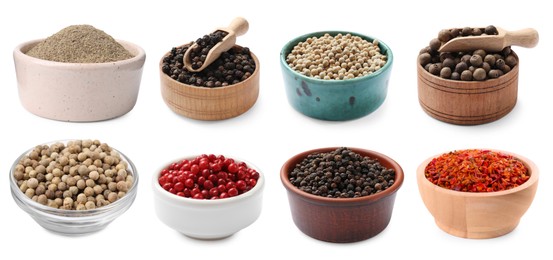 Image of Different types of peppers, set. Spices isolated on white