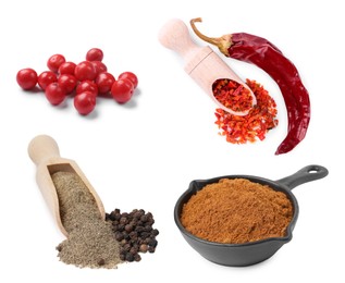Image of Different types of peppers, set. Spices isolated on white