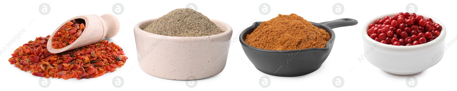 Different types of peppers, set. Spices isolated on white Image of Different types of peppers, set. Spices isolated on white