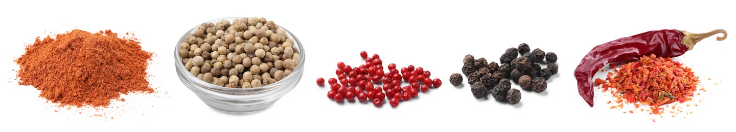 Image of Different types of peppers, set. Spices isolated on white