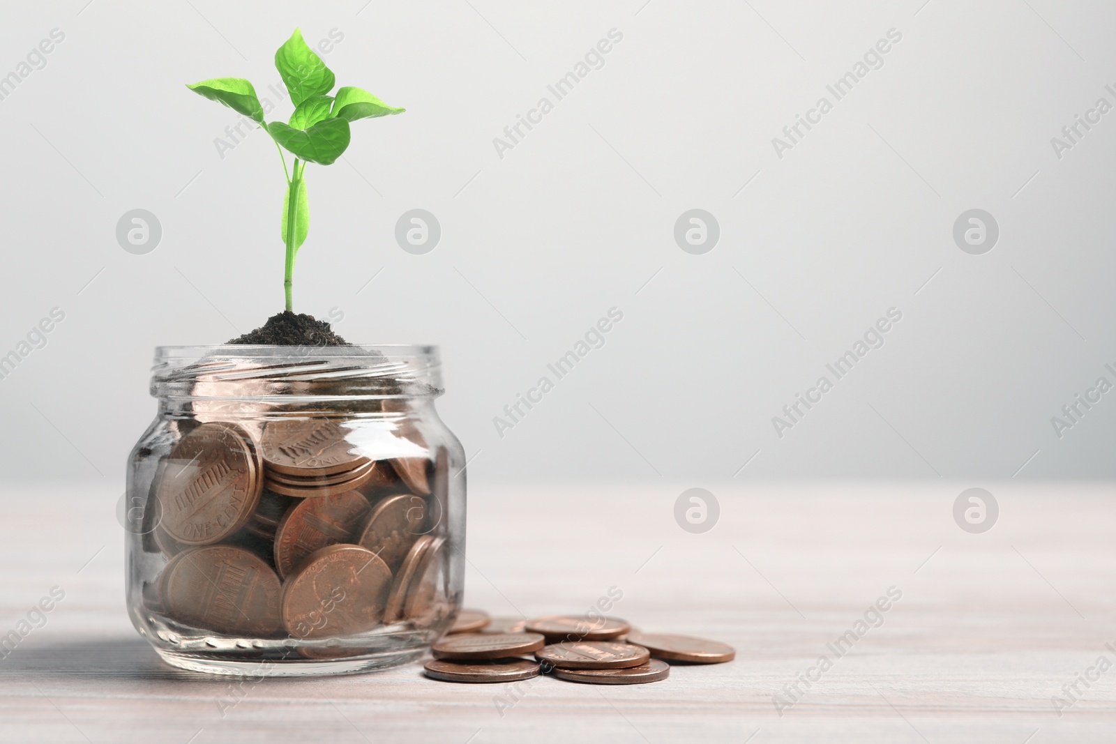 Image of Jar with coins and sprout on white table. Savings concept