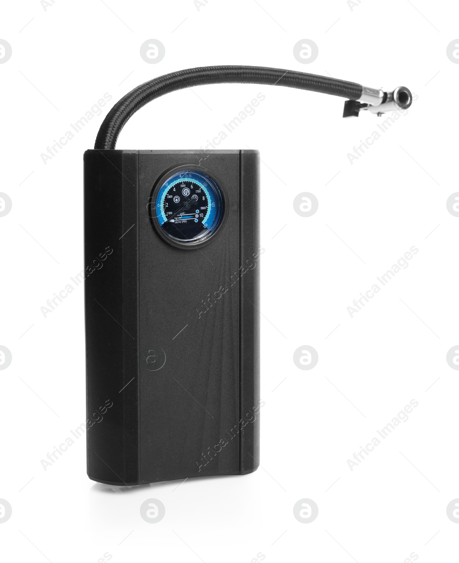 One modern tire inflator isolated on white Photo of One modern tire inflator isolated on white