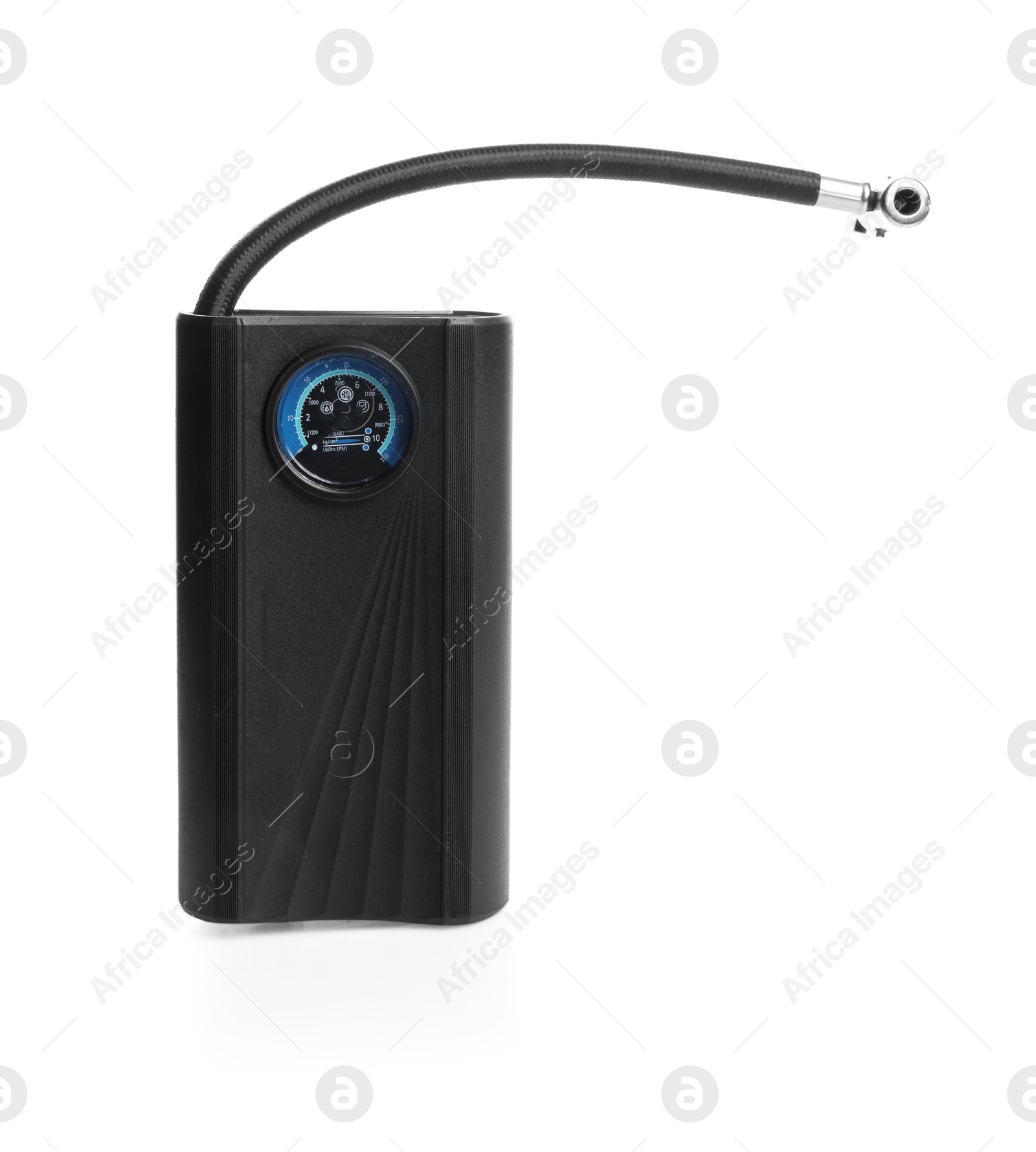 One modern tire inflator isolated on white Photo of One modern tire inflator isolated on white