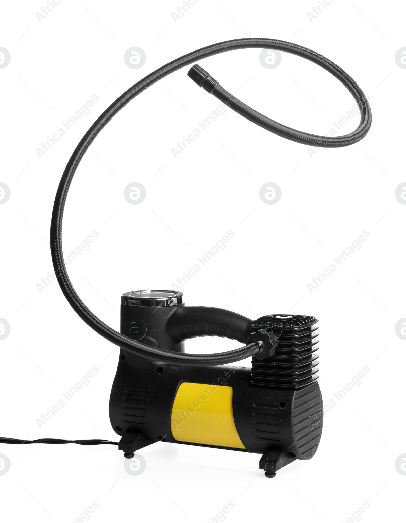 One modern tire inflator isolated on white Photo of One modern tire inflator isolated on white