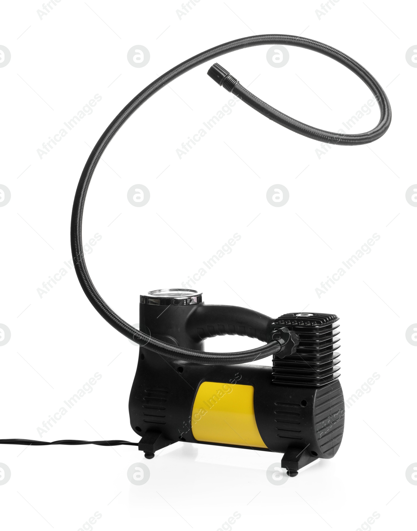 One modern tire inflator isolated on white Photo of One modern tire inflator isolated on white