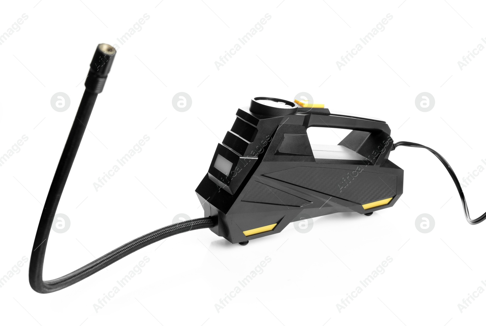 One modern tire inflator isolated on white Photo of One modern tire inflator isolated on white