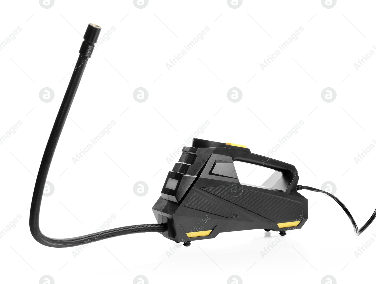 One modern tire inflator isolated on white Photo of One modern tire inflator isolated on white