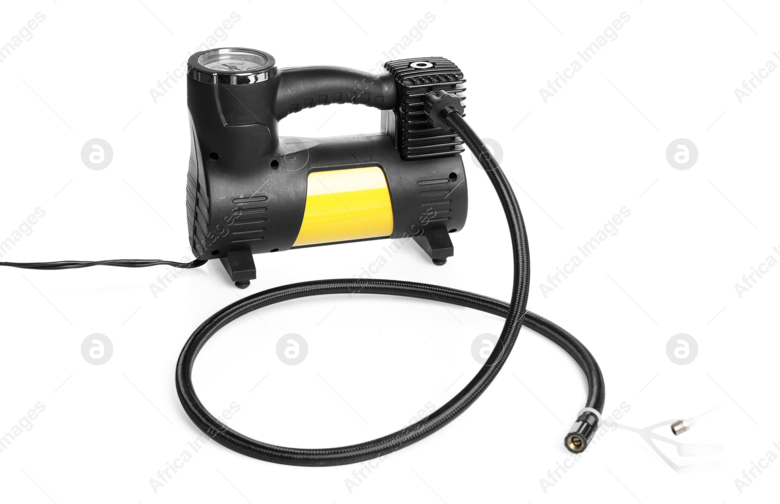 One modern tire inflator isolated on white Photo of One modern tire inflator isolated on white