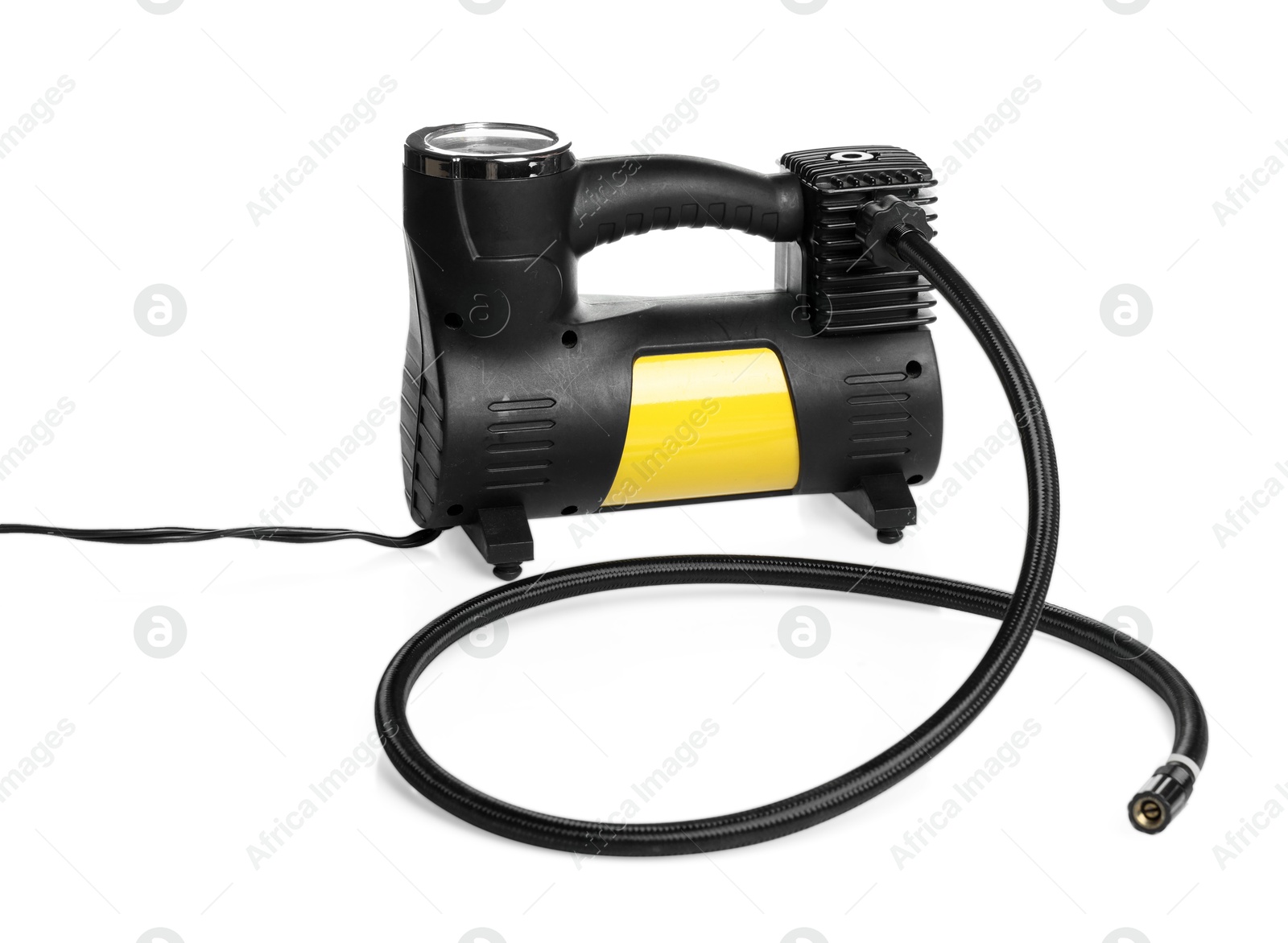 One modern tire inflator isolated on white Photo of One modern tire inflator isolated on white
