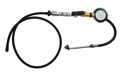 Photo of One tire inflation gun with gauge isolated on white, top view