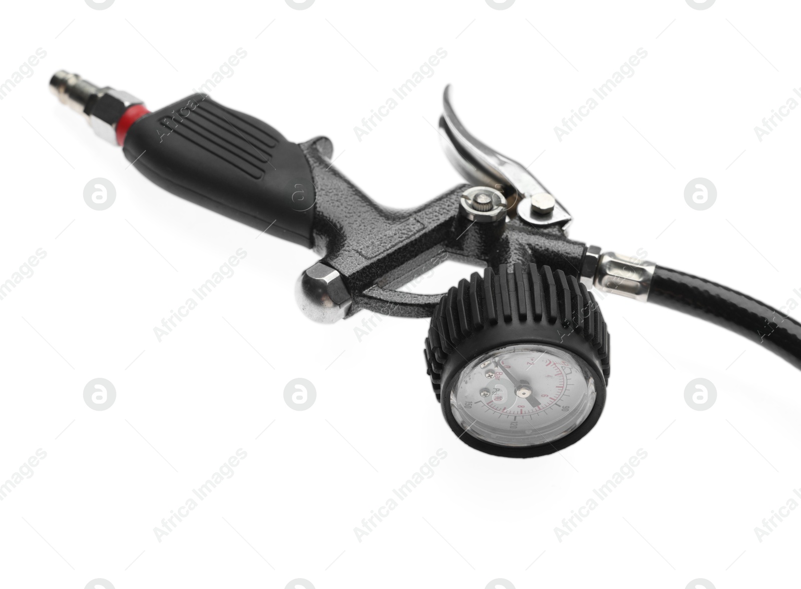One tire inflation gun with gauge isolated on white Photo of One tire inflation gun with gauge isolated on white