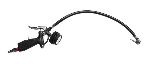 Photo of One tire inflation gun with gauge isolated on white, top view