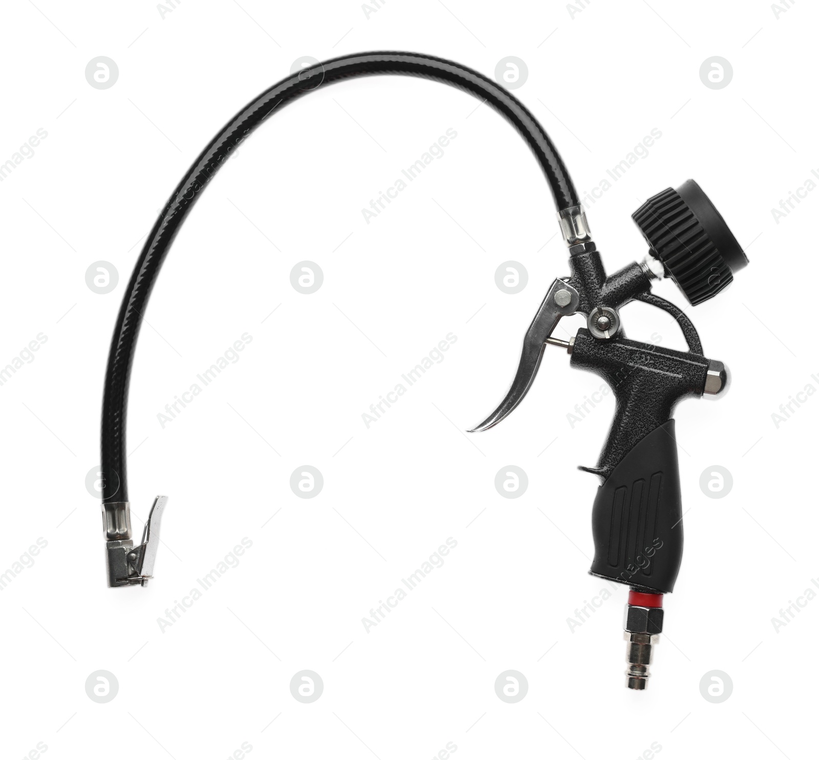 One tire inflation gun with gauge isolated on white, top view Photo of One tire inflation gun with gauge isolated on white, top view