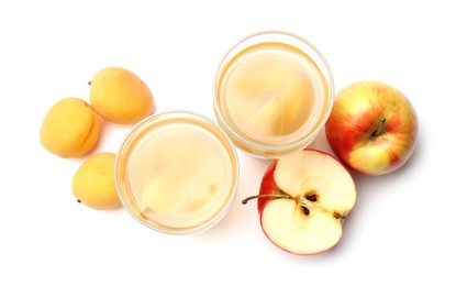 Photo of Tasty compot and fruits isolated on white, top view