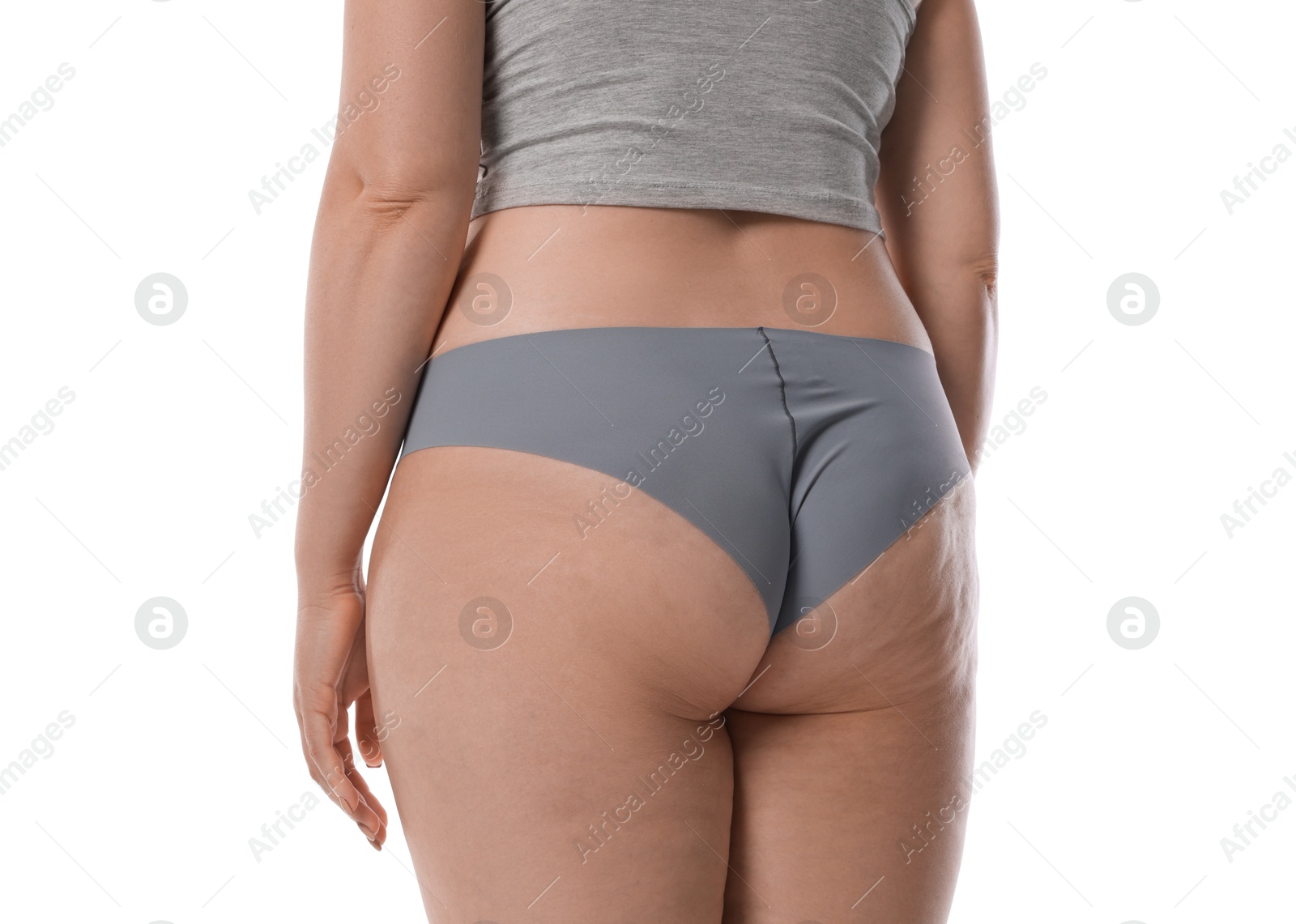 Photo of Woman in underwear on white background, back view