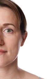 Photo of Closeup view of woman on white background