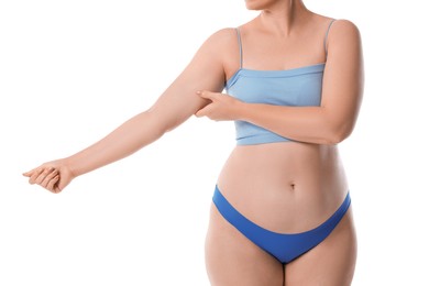 Photo of Woman with flabby arm on white background, closeup