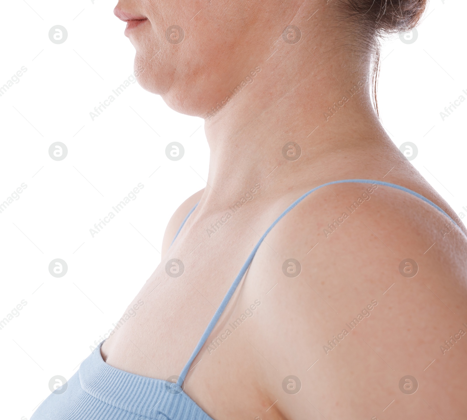 Photo of Woman with double chin on white background, closeup