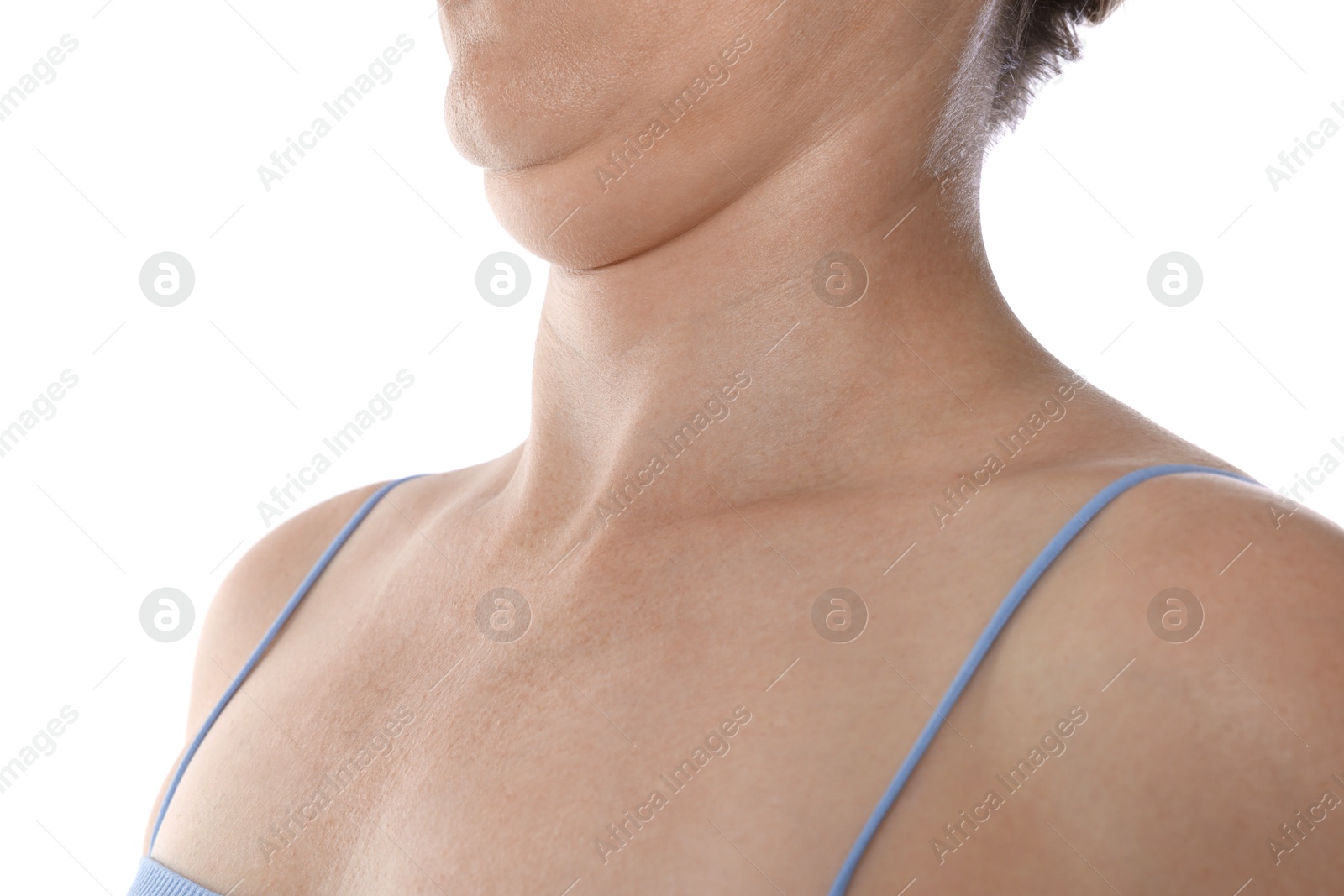 Photo of Woman with double chin on white background, closeup