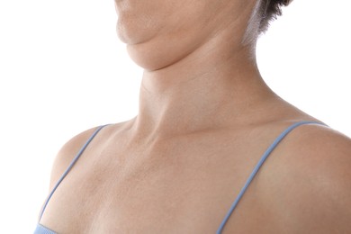 Photo of Woman with double chin on white background, closeup