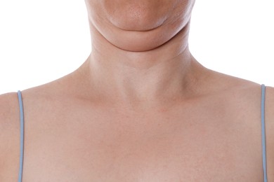 Photo of Woman with double chin on white background, closeup