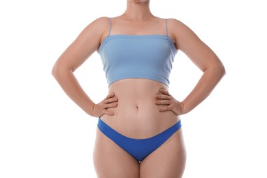 Photo of Woman in underwear on white background, closeup