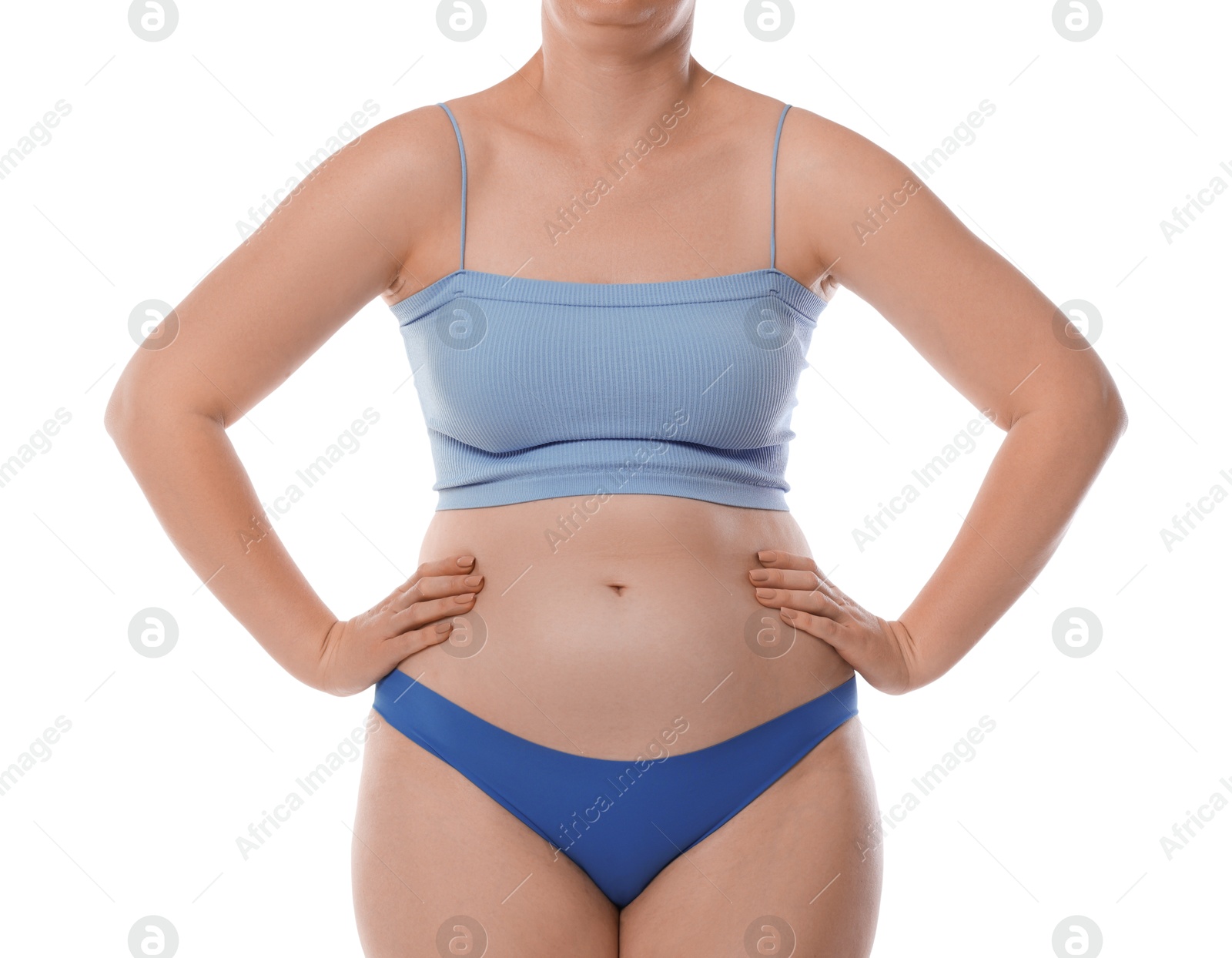 Photo of Woman with bad posture on white background, closeup