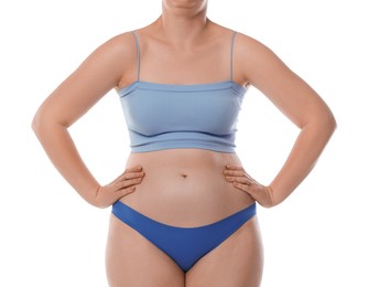 Photo of Woman with bad posture on white background, closeup