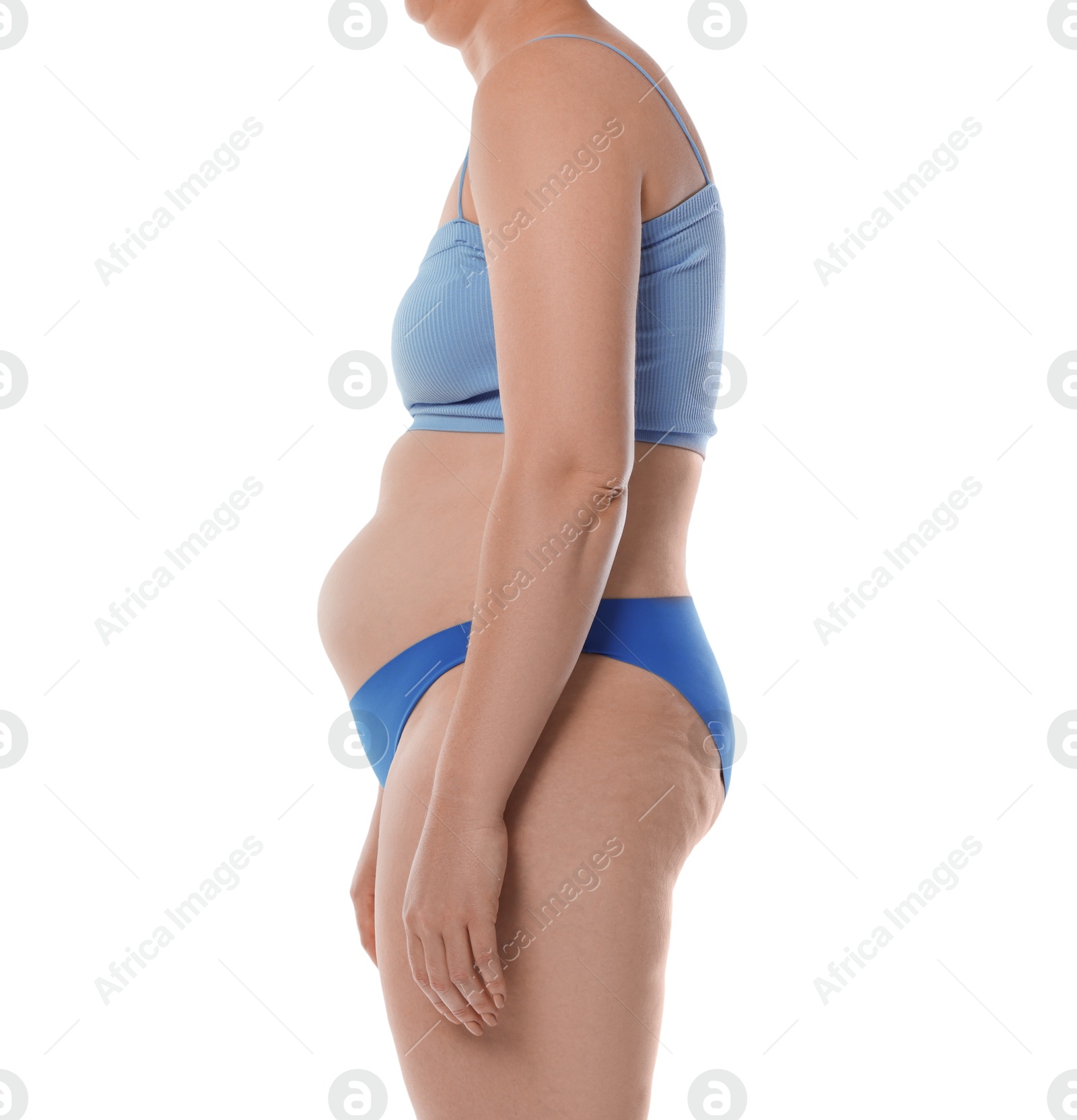 Woman with bad posture on white background, closeup Photo of Woman with bad posture on white background, closeup