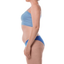 Photo of Woman in underwear on white background, closeup