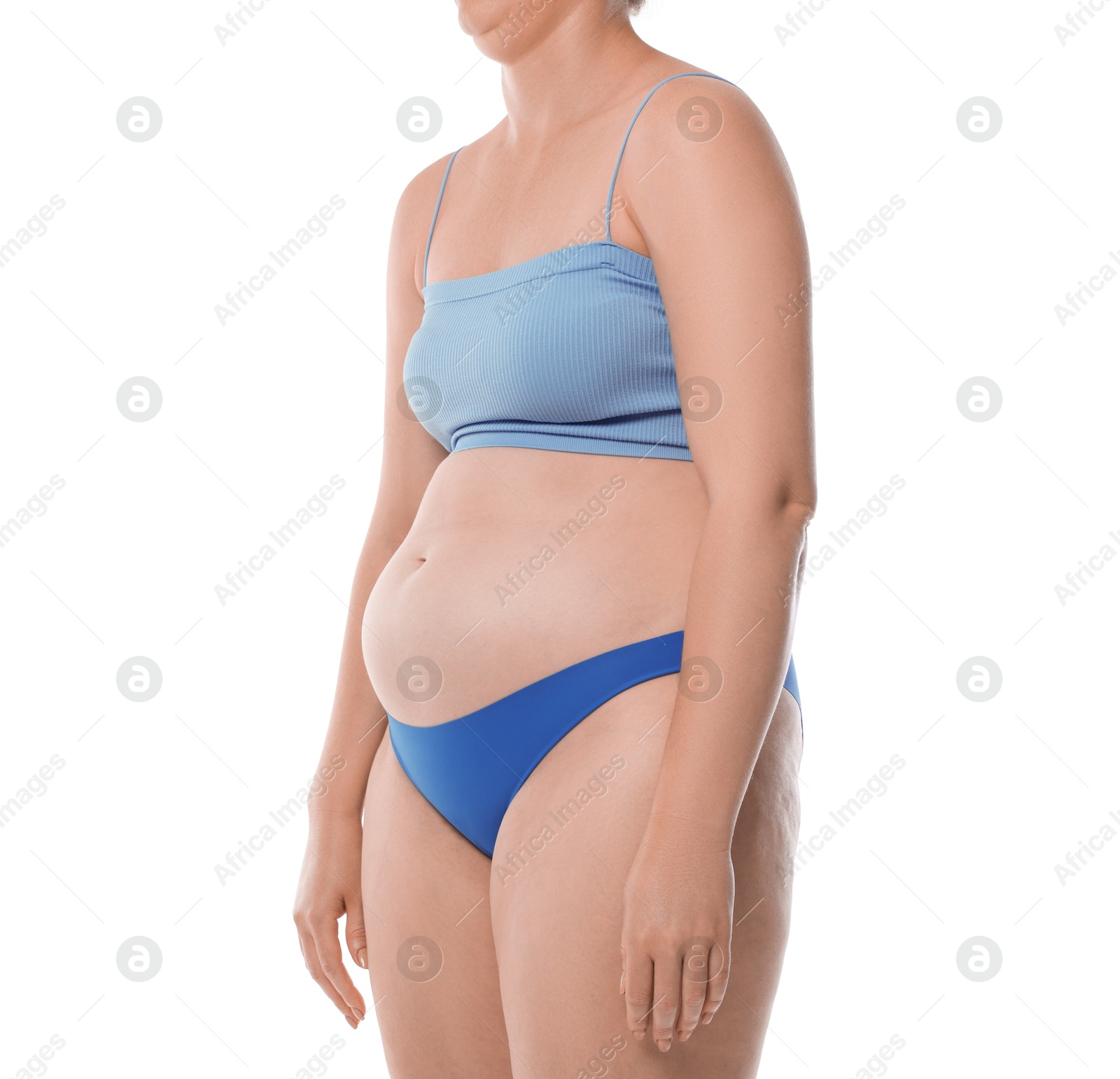 Woman with bad posture on white background, closeup Photo of Woman with bad posture on white background, closeup