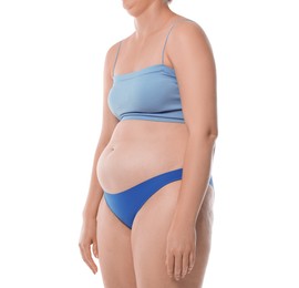 Photo of Woman with bad posture on white background, closeup