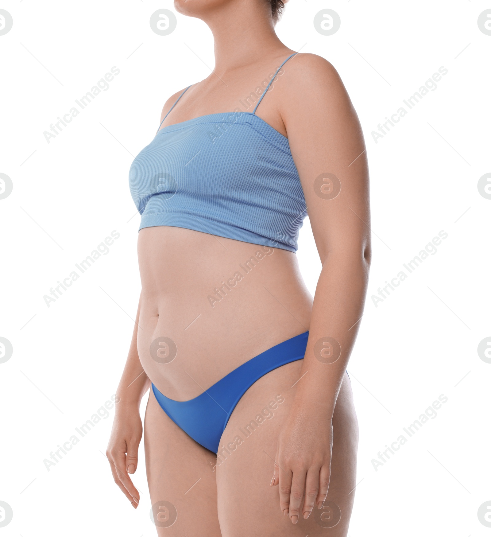 Photo of Woman in underwear on white background, closeup