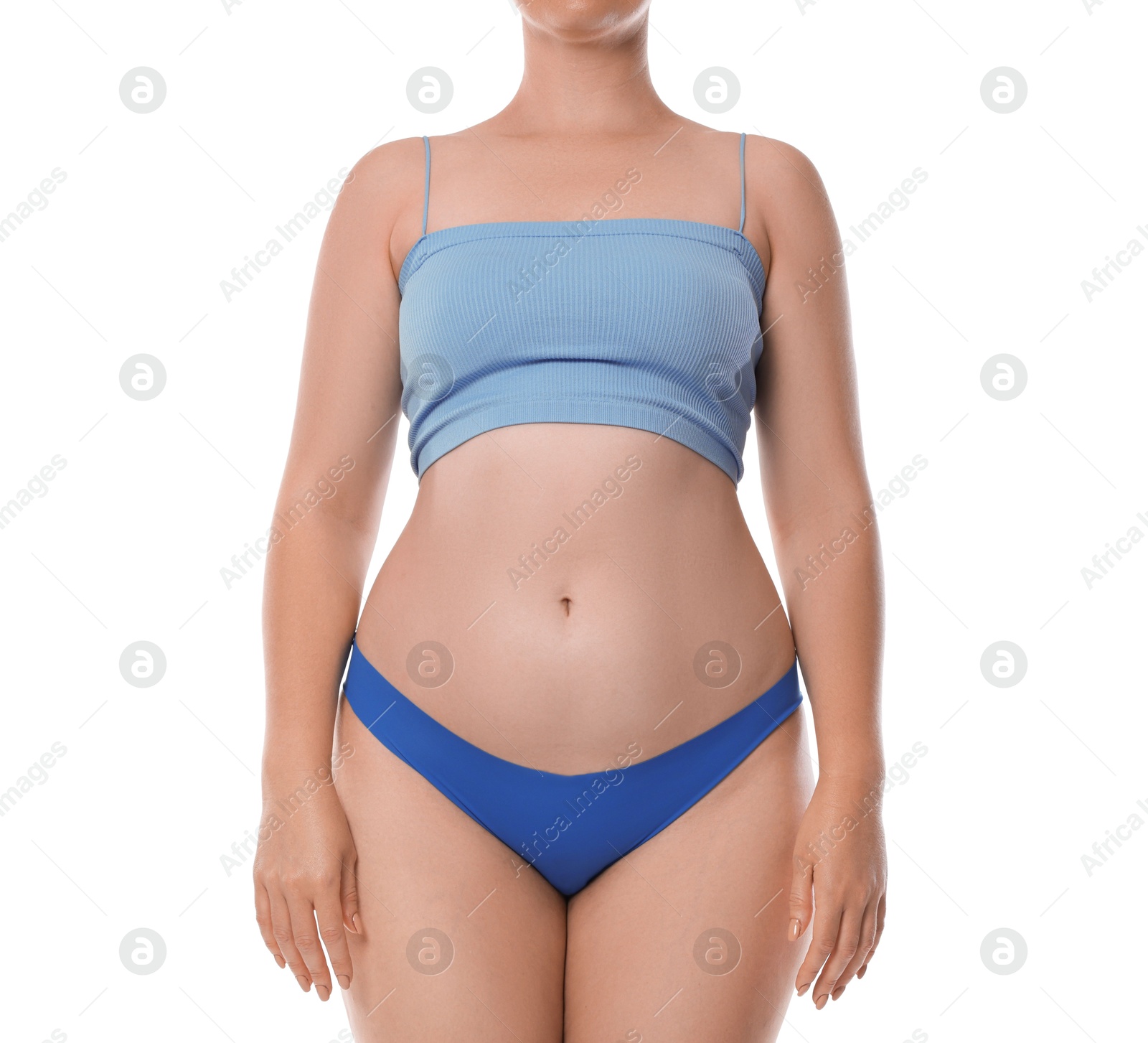 Photo of Woman in underwear on white background, closeup