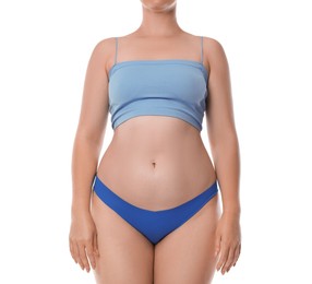 Photo of Woman in underwear on white background, closeup
