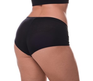 Photo of Woman in underwear on white background, closeup