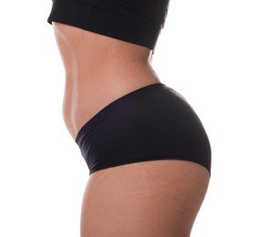 Photo of Woman in underwear on white background, closeup