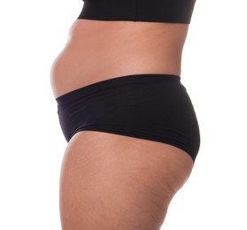 Photo of Woman in underwear before weight loss on white background, closeup