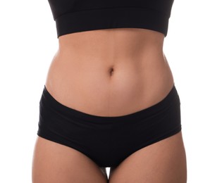 Photo of Woman in underwear on white background, closeup