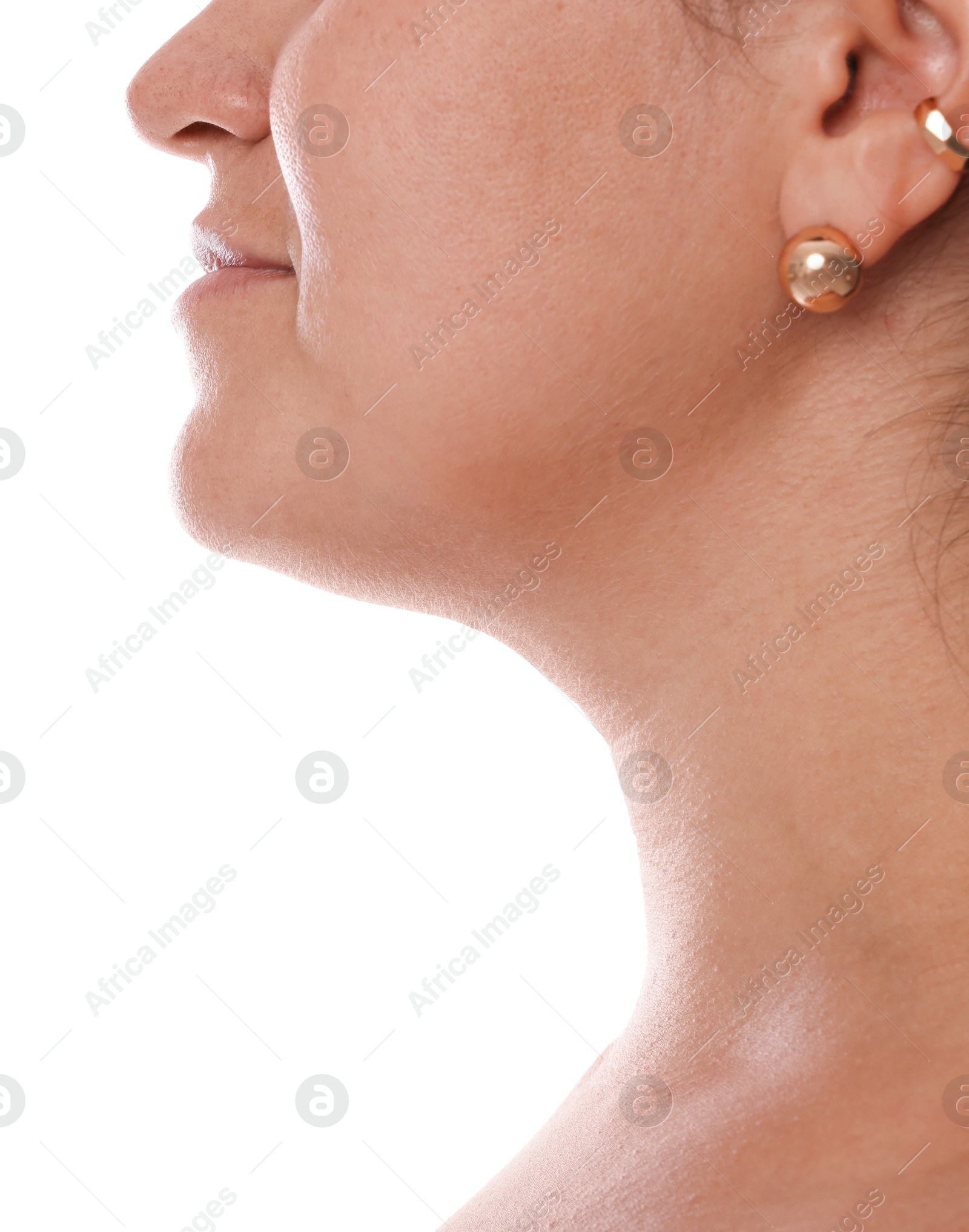 Closeup view of woman on white background Photo of Closeup view of woman on white background