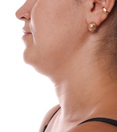 Photo of Woman with double chin on white background, closeup