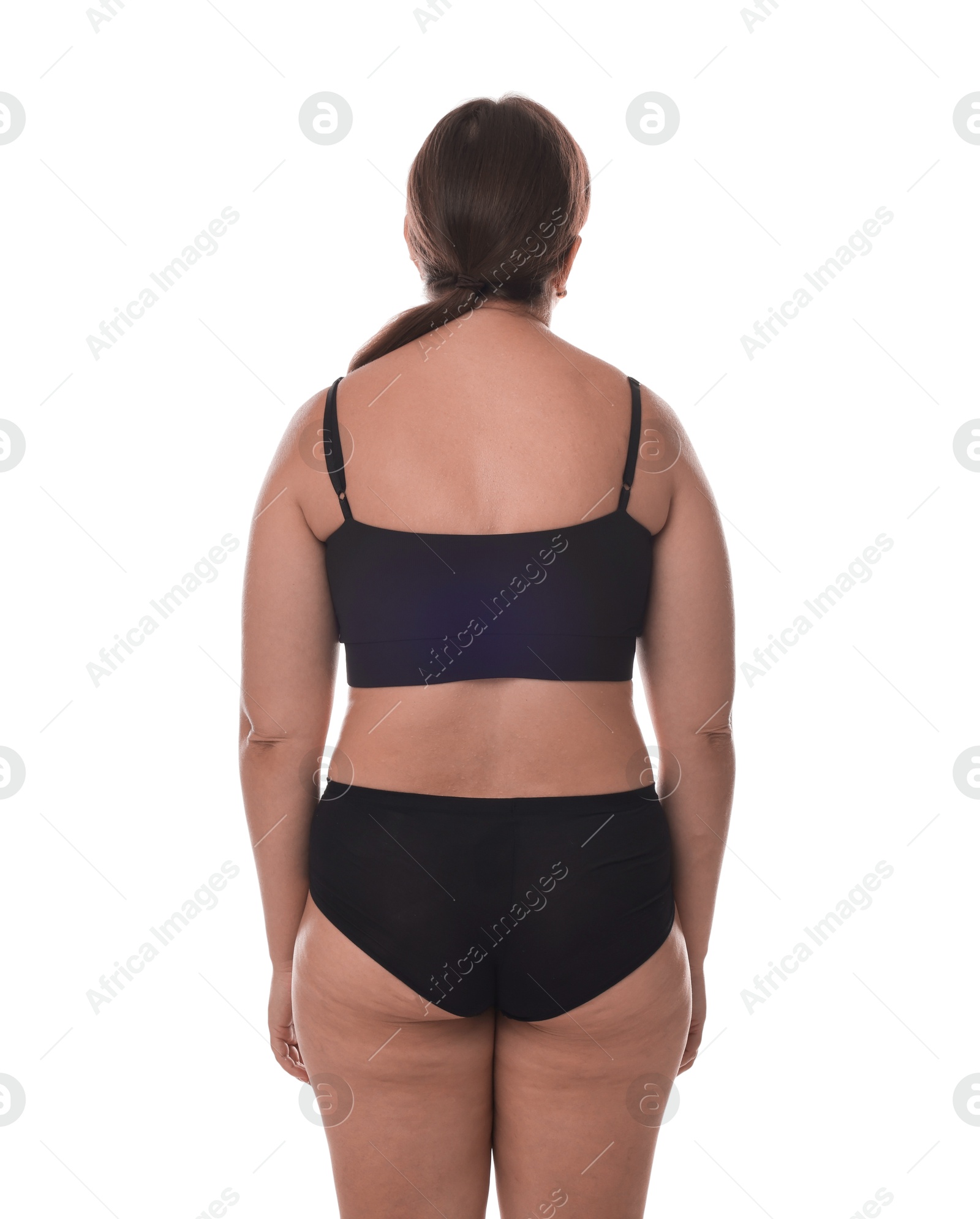 Photo of Woman with bad posture on white background, back view