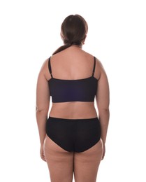 Photo of Woman with bad posture on white background, back view