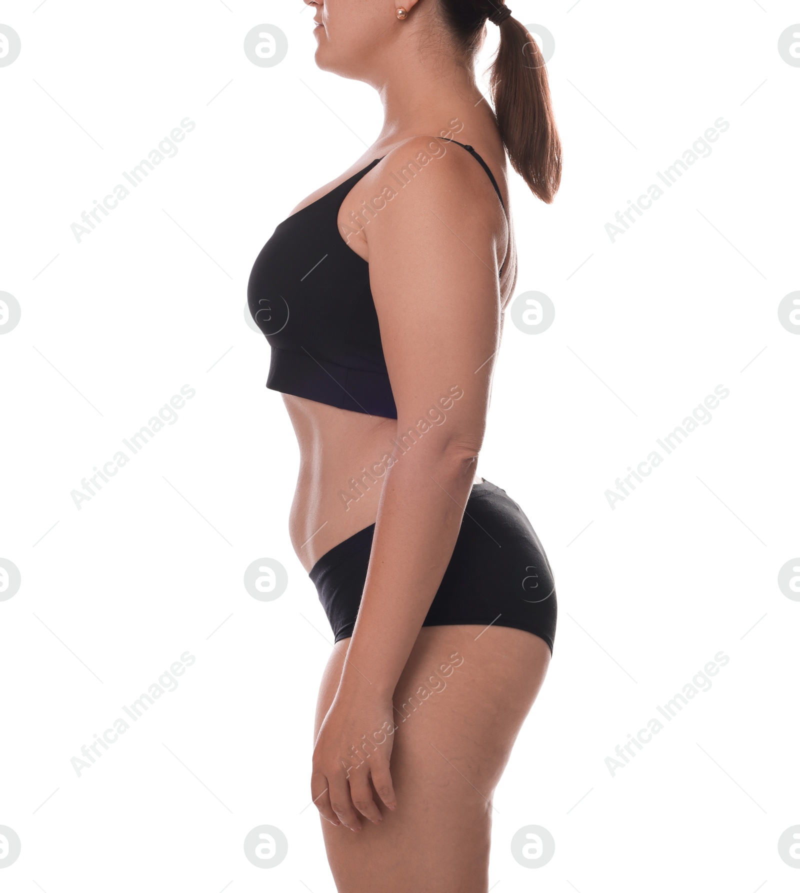 Photo of Woman in underwear on white background, closeup