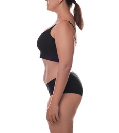 Photo of Woman in underwear on white background, closeup