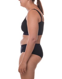 Photo of Woman with bad posture on white background, closeup