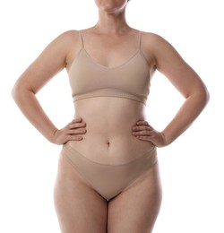 Photo of Woman in underwear on white background, closeup