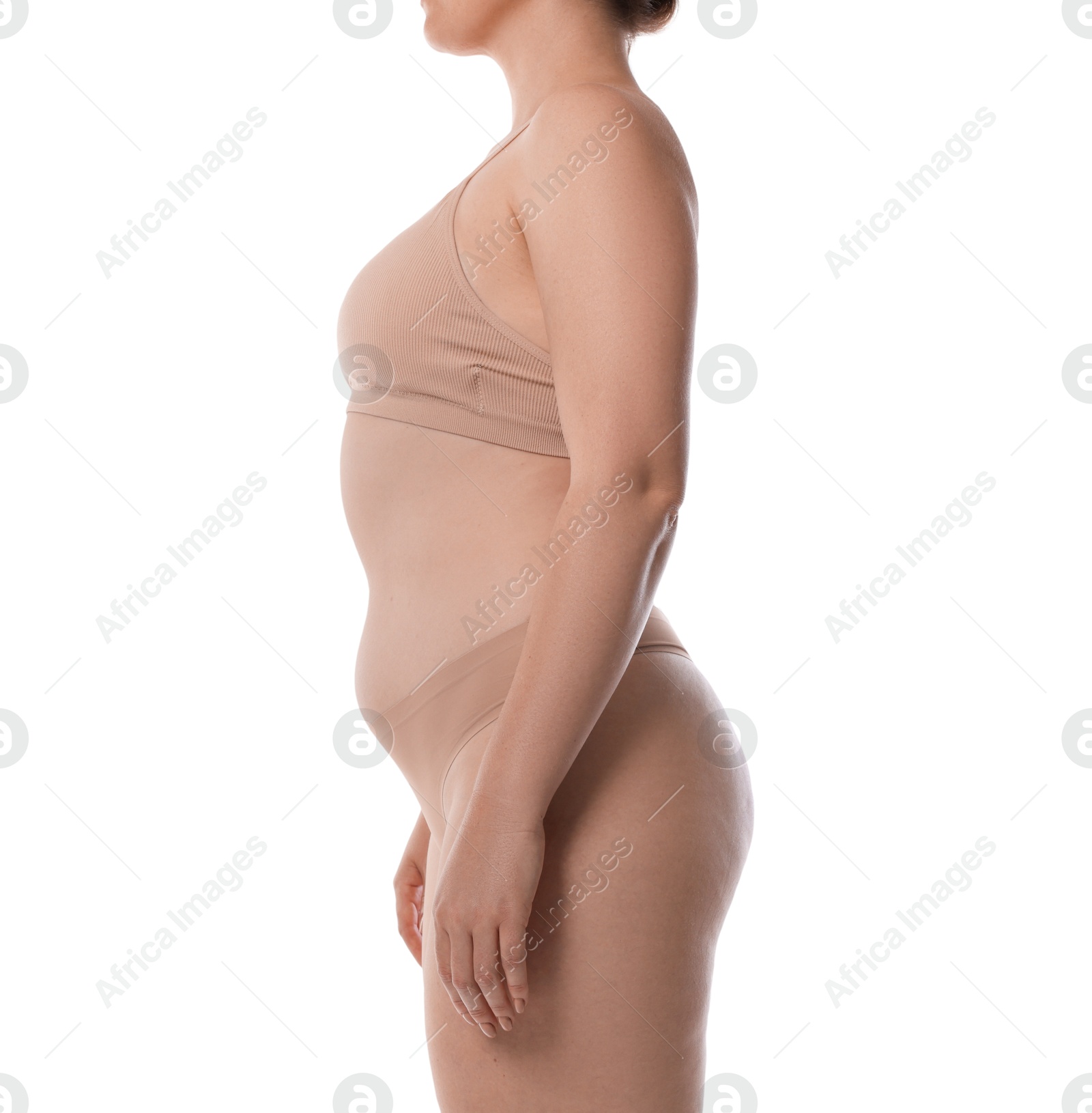 Photo of Woman in underwear on white background, closeup